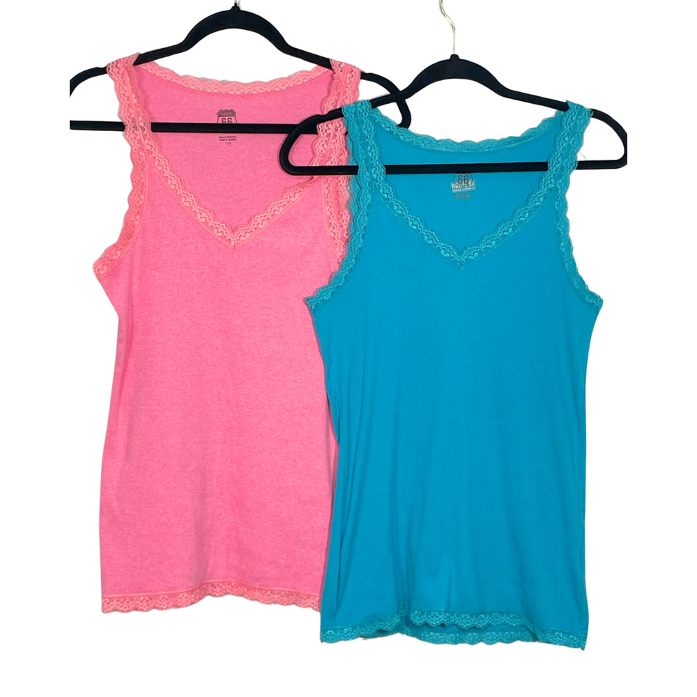 Pair of Vtg Y2K Route 66 Lace Edge Cami Tank Tops Aqua & Pink Stretch Knit Fairy